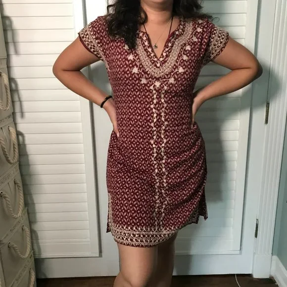 Thml Dresses | Thml Burgundy W/Tan Embroidery V-Neck Dress, L | Color: Red/Tan | Size: L | Cbadynski's Closet